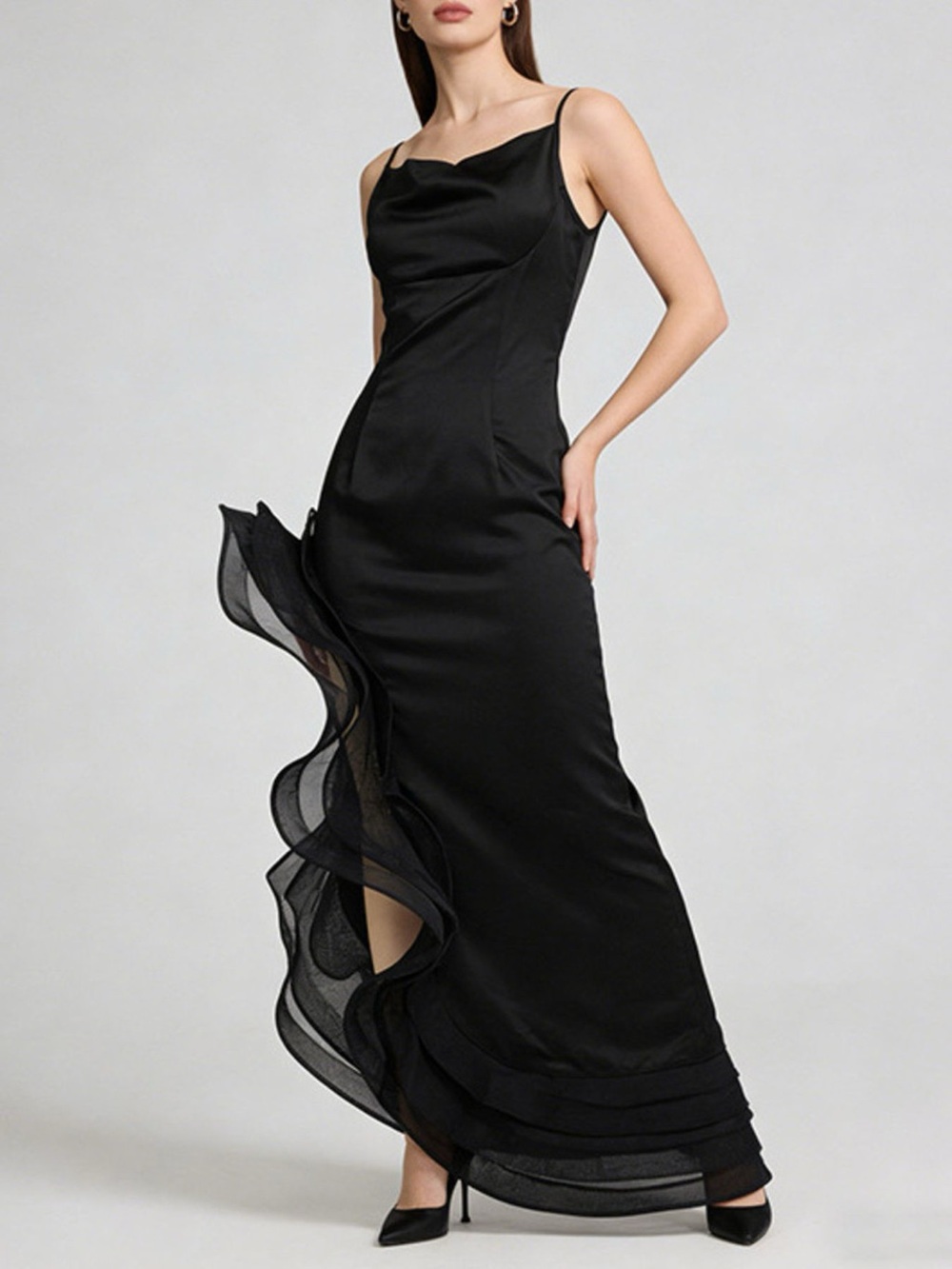 Spaghetti Strap Ruffle Slit Maxi Dress